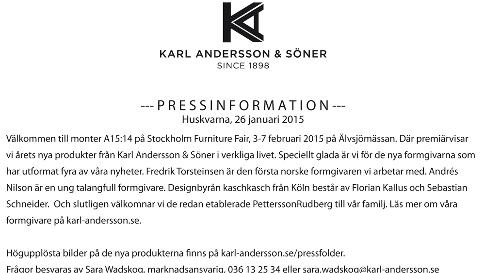 Pressmeddelande 2015, Karl Andersson & Söner